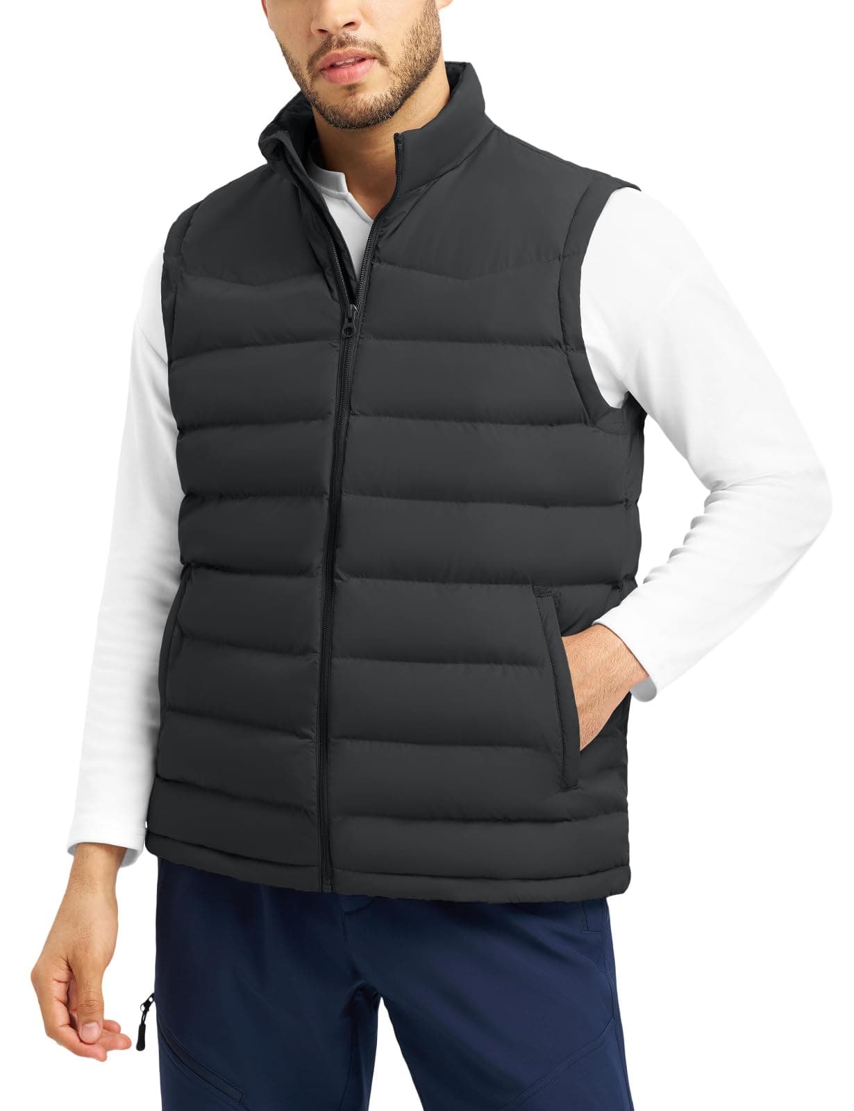 TBMPOY Black Puffer Vest for Men Water Resistant Puffy Zip Up Sleeveless Jacket Outdoor Warm Winter Outerwear for Running Travel Golf