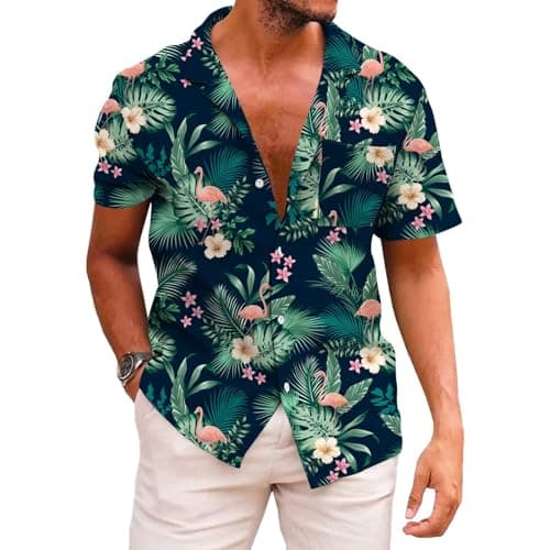 KYKU Men's Hawaiian Shirts Vacation Button Up Shirt Flamingo, Green, XX-Large