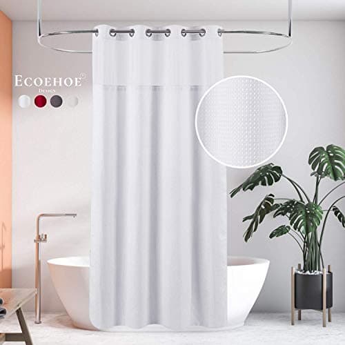 Ecoehoe Hotel Grade Waffle Weave Fabric Hook Free Shower Curtain with Magnets Snap-in Liner - Heavy Duty Bath Curtain with See Through Top Machine Washable 71" W * 79“ L White