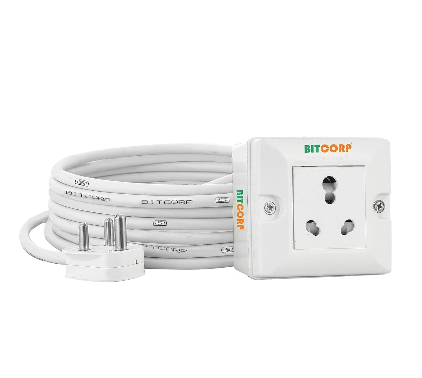 Bitcorp Extension Board 15A 16A 20A 3 Pin 1 Socket 2500 Load Capacity with Surge Protector 4 Meter Long Cable Cord for Heavy Duty Home Kitchen Office Outdoor Indoor Appliances White