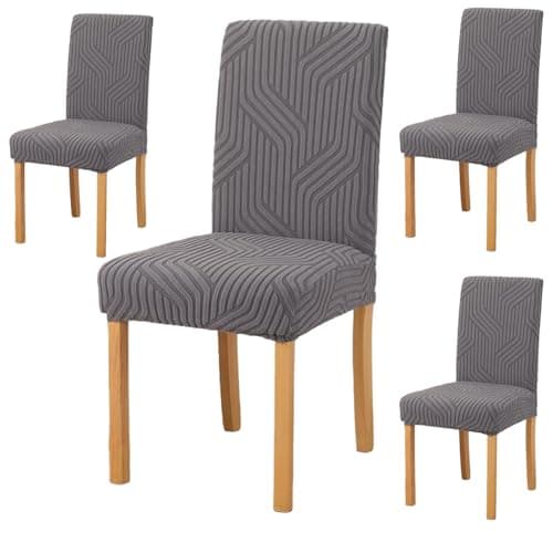 Styleys Elastic Chair Cover Stretch Removable Washable Short Jacquard Dining Chair Cover Protector Seat Slipcover (Pack of 4, Dark Grey, JTMC3)