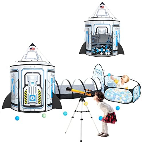 3pc Kids Play Tent for Girls with Ball Pit Crawl Tunnel Princess Tents for Toddlers Baby Space World Playhouse Toys 3PC White Rocket Play Tent
