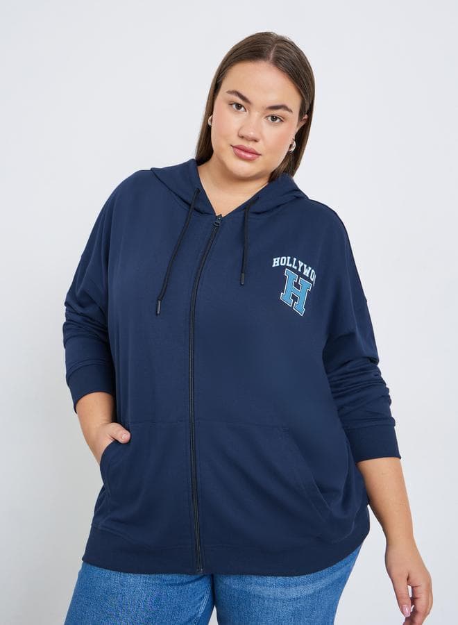 Plus Size Navy Blue Graphic Printed Hoodie