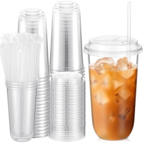 Ziliny 50 Sets Crystal Plastic Cups with Lids and Straws, Disposable Iced Coffee Cups Bulk PET for Wine, Cocktail, Smoothie, Milkshake, Cold Drinks, Juice, Wedding, Birthday, Coffee Shop, Party(20oz)