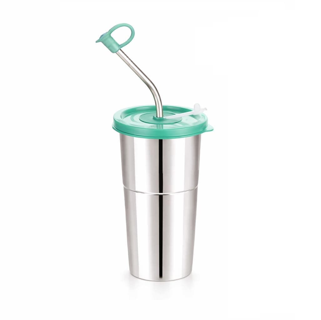 LIPSA ENTERPRISE Stainless Steel Fusion Glass Tumbler with Stainless Steel Metal Straws and Cleaning Brush with Lid (LD SIP 400ML)