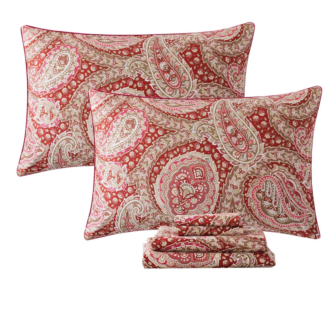 FADFAY Luxury Paisley Sheets Set King Classy Red and Gold Floral Farmhouse Bedding Elegent Red Paisley Bedding Set 100 Cotton Super Soft Hypoallergenic Deep Pocket Fitted Sheet 4Pieces King Size