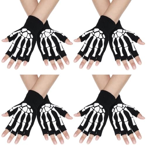 SATINIOR Skeleton Fingerless Gloves for Men Women Halloween Costume Skull Goth Bone Hand Glove Unisex Skeleton Gloves(4 Pairs)