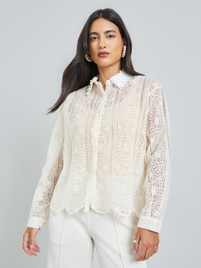 Styli Beige Lace Long Sleeve Shirt
