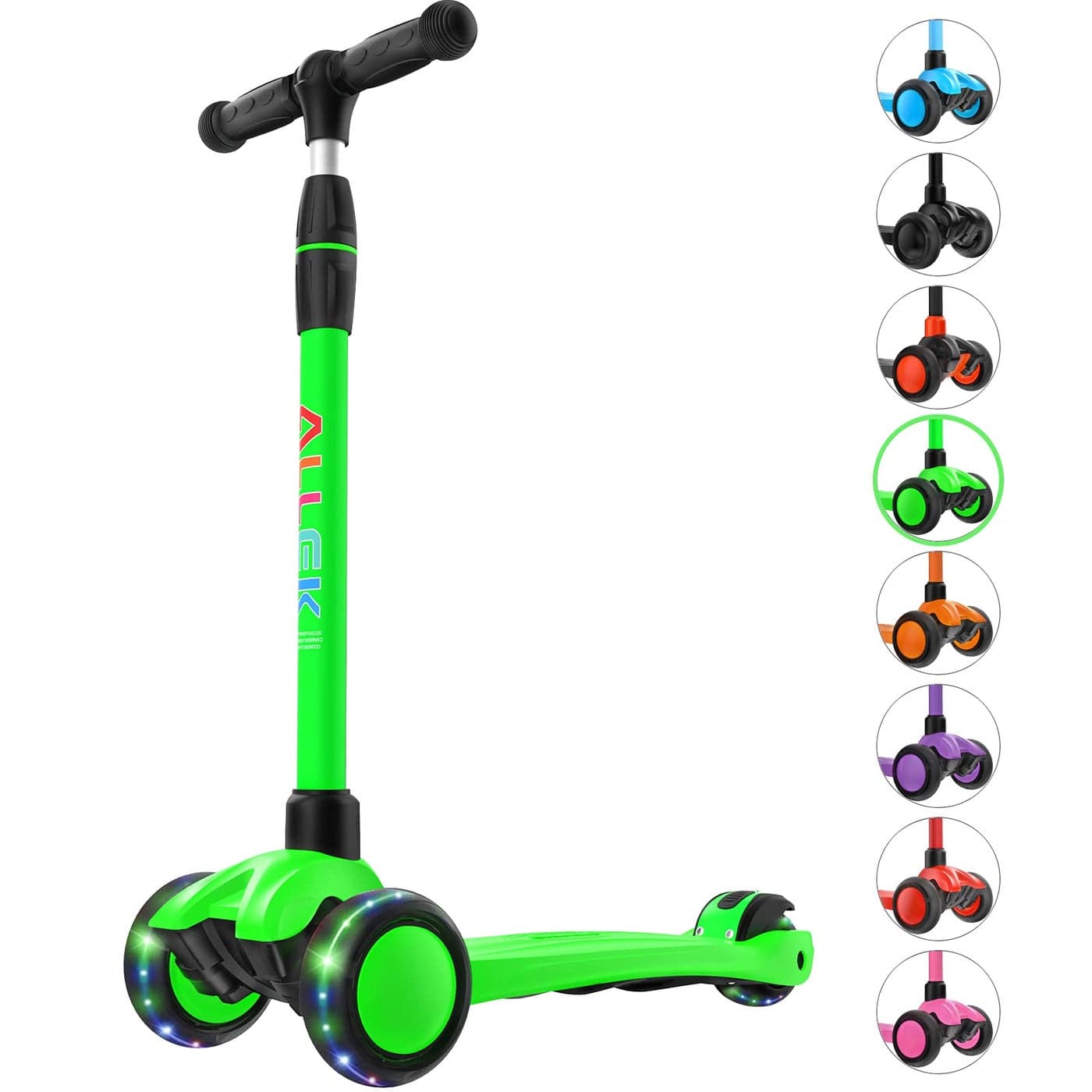 Allek Kick Scooter B03 Lean N Glide 3Wheeled Push Scooter with Extra Wide PU LightUp Wheels Any Height Adjustable Handlebar and Strong Thick Deck for Children from 312yrs Lime Green