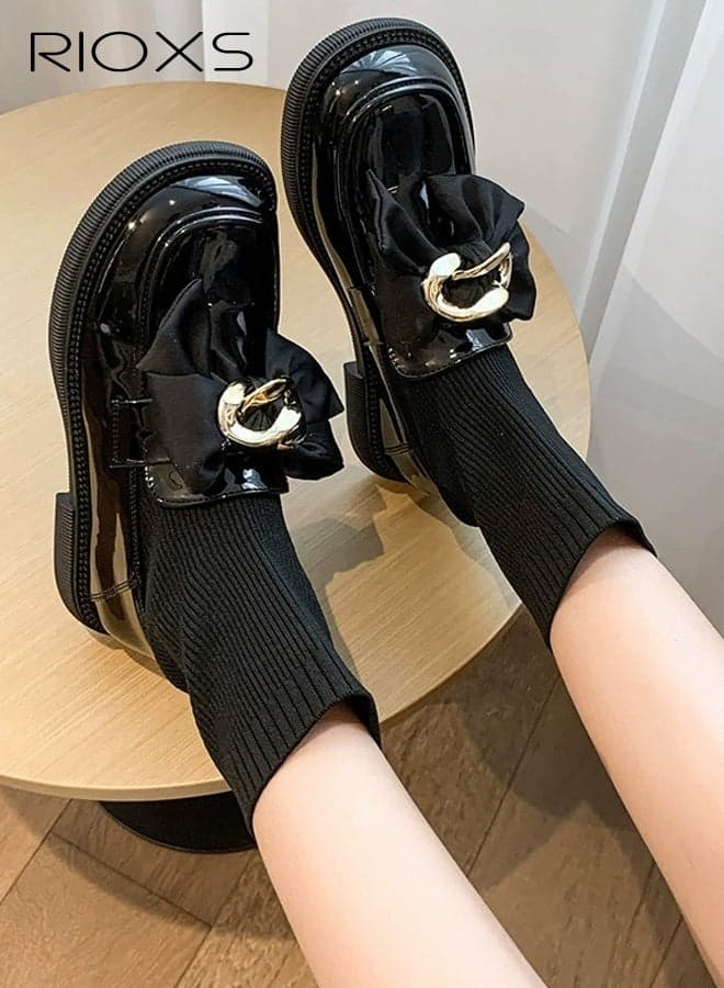 Chelsea Boots for Women, Platform Chunky Ankle Boots, Fashion Women's Boots with Socks, Lightweight Non-Slip Short Boots with Buckle Chain, Classic Round Toe Dress Booties for Ladies, Comfort Low Heel Boot, Dress Walking Boots for Work Shopping Teaching Party or Appointments, Black Boots Womens Foot
