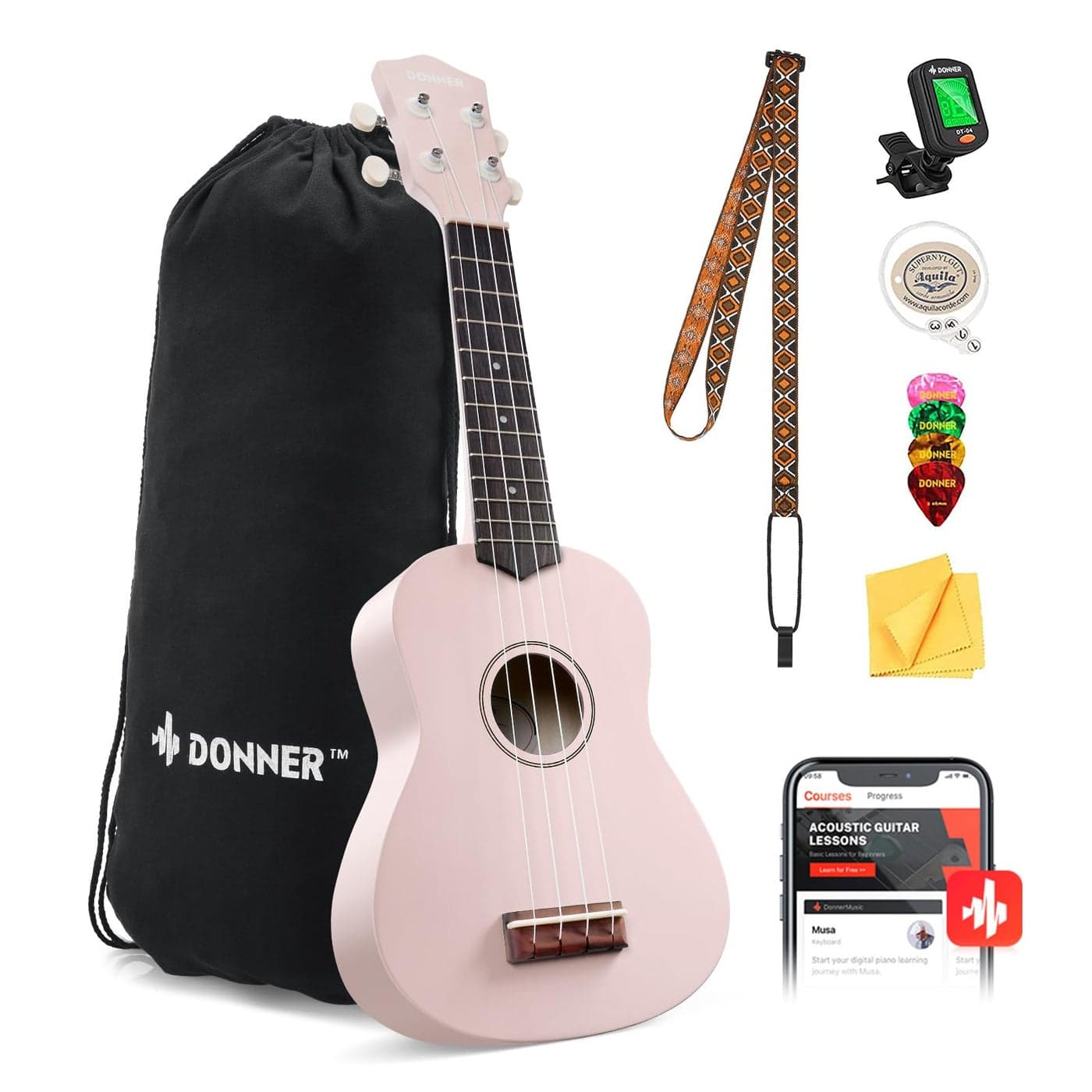 Donner Soprano Ukulele for Beginner 21 Inch Matte Ukulele Beginner Kit with Bag Strap Tuner Strings Picks Cloth Free Online Lessons Kids Holiday Christmas Birthday Gift Light Pink