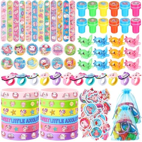 Giegxin 134 Pcs Axolotles Party Favors Bulk for Kids with Silicone Slap Bracelets Stickers Stampers Rings Badges Miniature Figures for Axolotl Themed Birthday Party Decorations Goodies Bags Stuffers