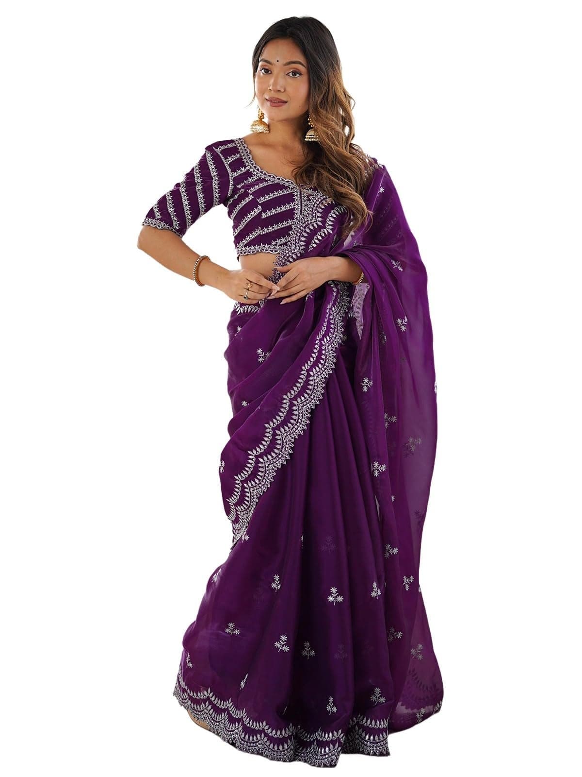 Satrani Women's Tissue Silk Sequin Embroidery Saree with Unstitched Blouse Piece (4471S102N_Purple)