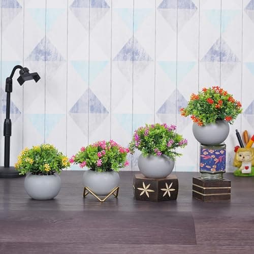 Dekorly® Artificial Potted Plants Bathroom Fake Multicolor Plant Office Table Decor Mini Green Faux Topiary Kitchen Cabinet Farmhouse Decorations | Pack of 4