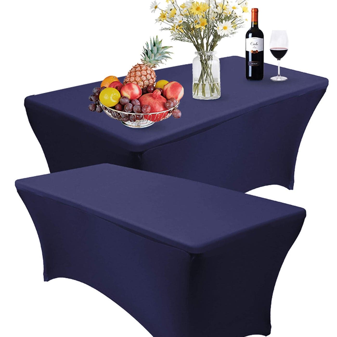 RELIANCER 2 Pack 6FT Rectangular Spandex Table Cover FourWay Tight Fitted Stretch Tablecloth Table Cloth for Outdoor Party DJ Tradeshow Banquet Vendor Wedding Celebration 2PC 6FT Navy Blue