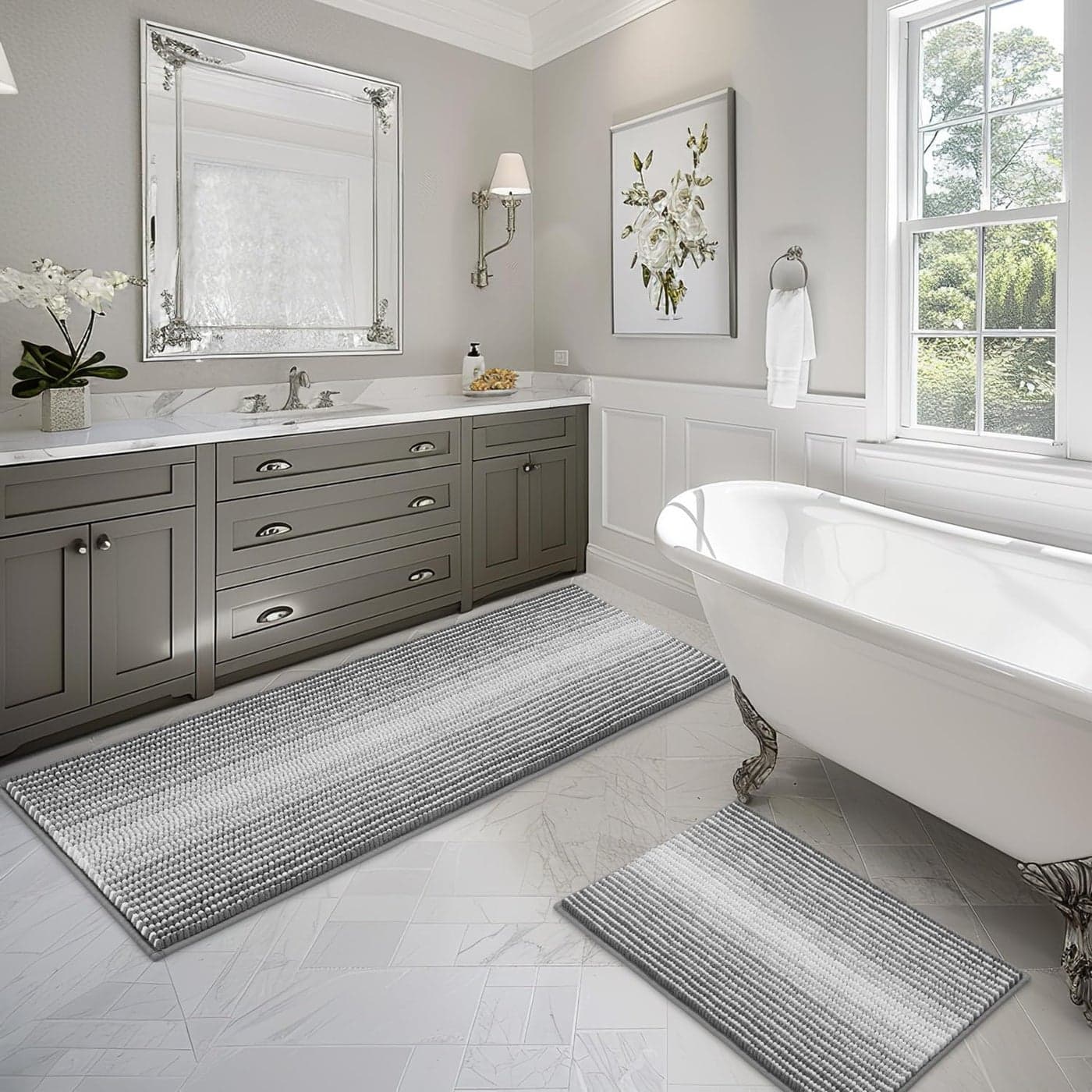 BSICPRO Bathroom Rugs and Mats Sets 2 Piece Thick Absorbent Chenille Bath Mat Rug Set Non Slip Soft Shaggy Bath Room Floor Mats for Bathroom Machine Washable Gray 20 x 60 Plus 20 x 32