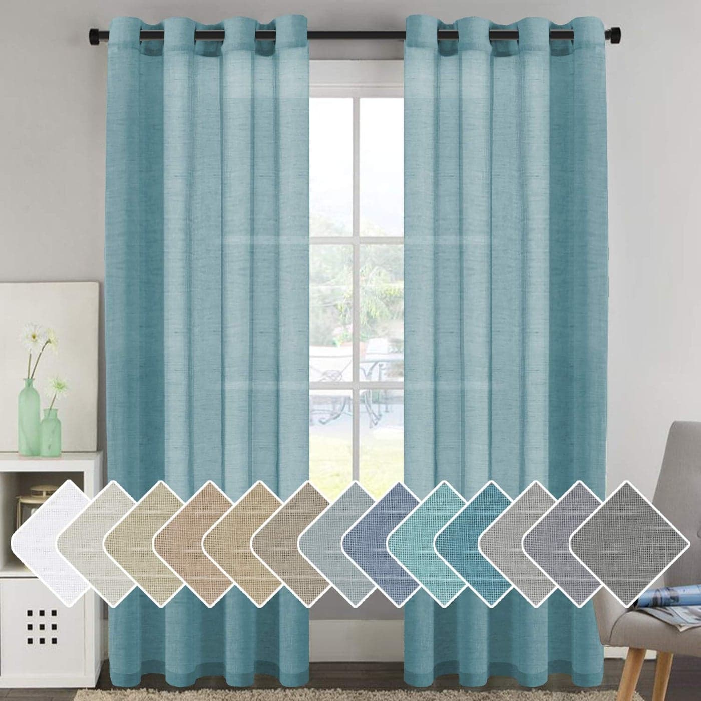Elegant Natural Linen Curtain Panels Energy Efficient Semi Sheers Linen CurtainsNickel Grommet Window Treatments Panels for Patio Glass DoorBalcony Set of 2 Turquoise 52W x 96L