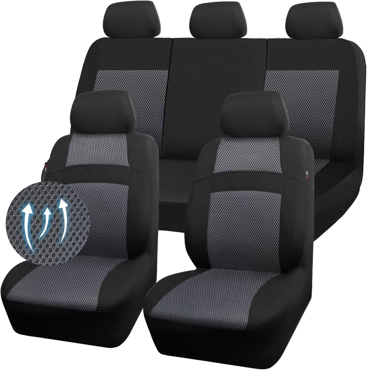 CAR PASS Rainbow Universal Fit 3D Air Mesh Car Seat Cover with 5mm Composite Sponge Inside, Airbag Compatible (Black Gray)