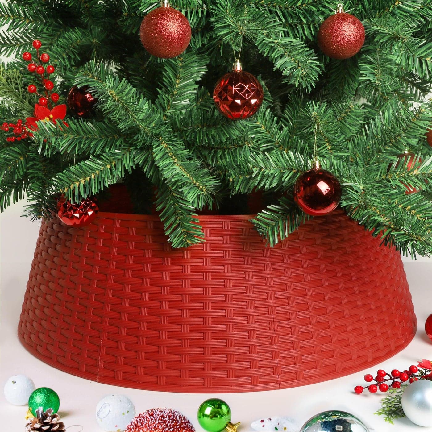 Blissun Christmas Tree Ring 285 Plastic Christmas Tree Collar Christmas Tree Skirt for Artificial Christmas Trees Decoration Extra Large Red