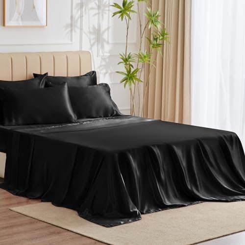 CozyLux Satin Sheets King Size - 6 Piece Black Bed Sheet Set with Silky Microfiber, 1 Deep Pocket Fitted Sheet, 1 Flat Sheet, and 4 Pillowcases - Smooth and Soft