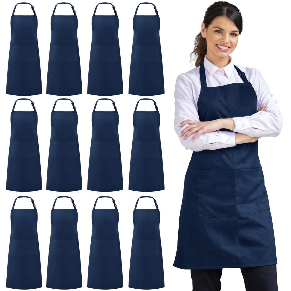 Syntus 12 Pack Bib Apron Unisex Aprons Adjustable Waterdrop Resistant with 2 Pockets Cooking Kitchen Apron for Chef BBQ Drawing Apron Bulk Nautical Blue