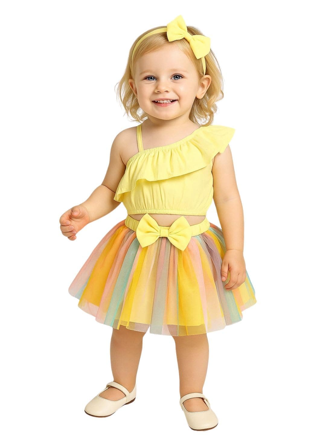 A.T.U.N. (ALL THINGS UBER NICE) Baby Girls One Shoulder Crop Top with Printed Skirt & Matching Headband Set | 3 Piece Outfit Set for Kids