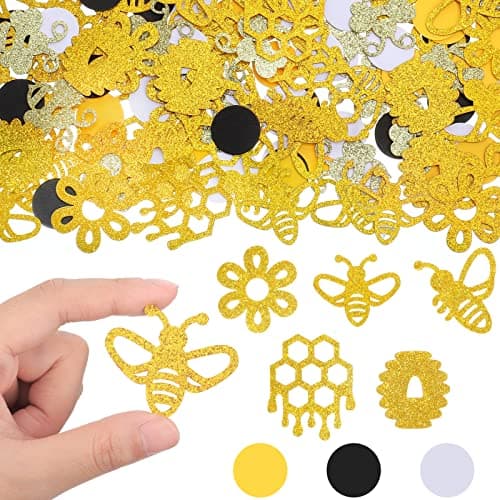 Marspark 280 Pieces Bee Glitter Confetti Black Yellow Gold Honeycomb Circle Confetti Decoration for Bee Day Gender Reveal Party First Birthday Party Table Scatters Supplies