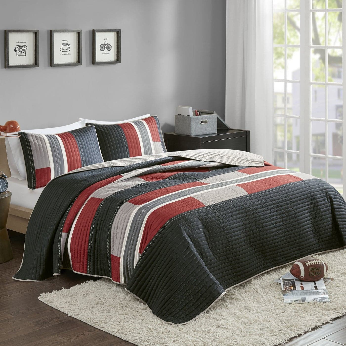 Comfort Spaces CS140864 3 Piece Quilt Coverlet Bedspread All Season Lightweight Hypoallergenic Pipeline Colorblock Kids Bedding Set FullQueen Pierre BlackRed Stripe