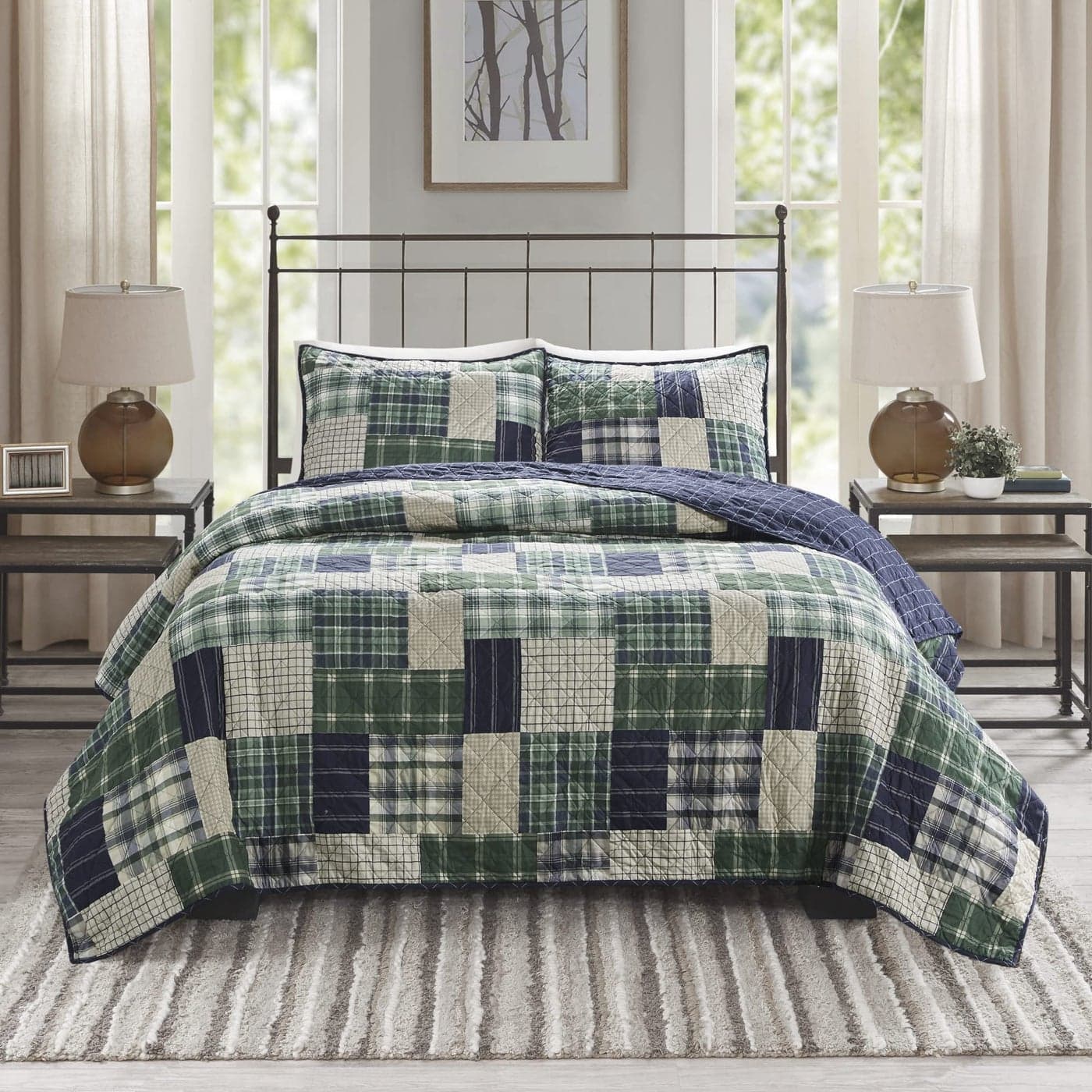 Madison Park Reversible Quilt Cabin Lifestyle Plaid Design All Season Breathable Coverlet Bedspread Bedding Set Matching Shams FullQueen90x90 GreenNavy 3 Piece