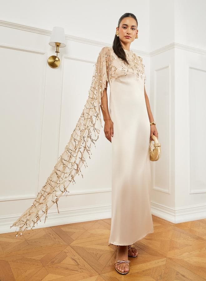 Gold Embellished Cape Maxi Dress