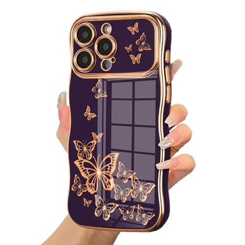 ZTOFERA for iPhone 16 Pro Max Case for Girl Women, Cute Curly Wave Frame with Luxury Plating Butterfly Pattern, Soft TPU Shockproof Raised Lens Protection Phone Case for iPhone 16 Pro Max,Dark Purple