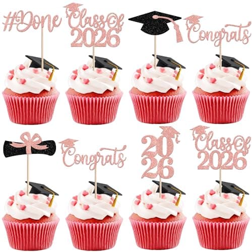 Rsstarxi 24 Pack Congrats Grad Cupcake Toppers Glitter Diploma Done Cupcake Picks Class of 2026 Cake Decorations for 2026 Graduation Party Cake Decoration Supplies Rose Gold