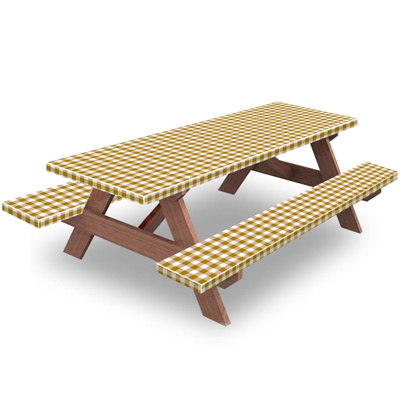 KENOBEE 8ft Picnic Table and Bench Cover Camping Essentials RV Gear 96 in Waterproof Windproof Outdoor Elastic All Around Tablecloth Fitted Rectangle Tables and Seats CoffeeWhite Checkered