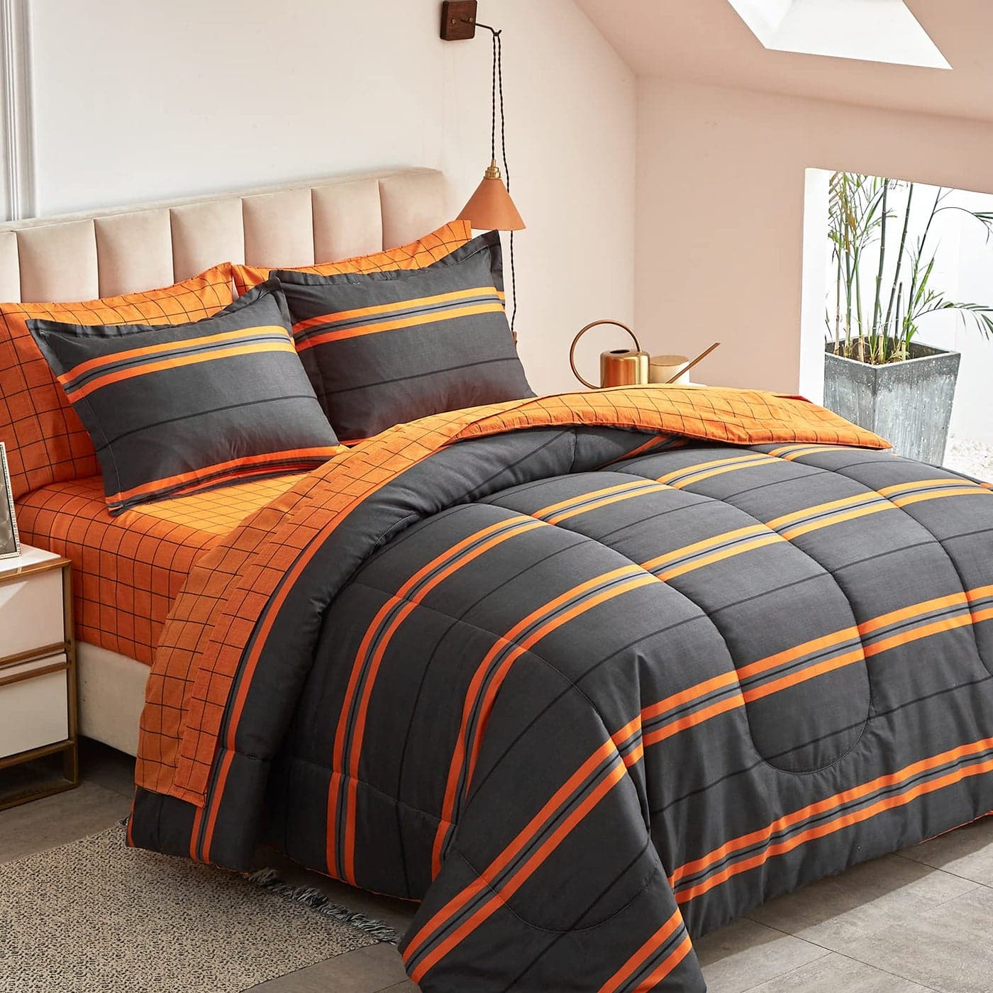 Flysheep Boho Striped Halloween Bed in a Bag 7 Pieces King Size Ombre Bright Orange Stripes on Black Comforter Sheet Set 1 Comforter 1 Flat Sheet 1 Fitted Sheet 2 Pillow Shams 2 Pillowcases