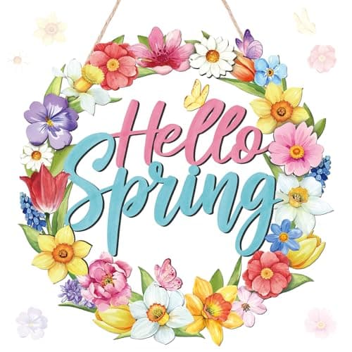 Yalikop Hello Spring Door Sign Door Wreath Wooden Spring Decor Sign Hollow Flower Welcome Hanging Signs Rustic Farmhouse Wall Plaque for Home Room Bedroom Indoor Outdoor Decorations
