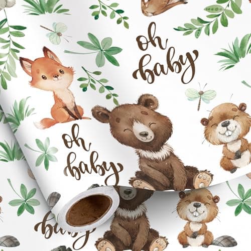 RUSPEPA Jungle Animal Wrapping Paper Roll for Boys Girls Mini Roll Woodland Animals with Bear Fox Deer Bunny Design Forest Gift Wrap Perfect for Baby Shower Kids Birthday 17 Inches x 164 Feet