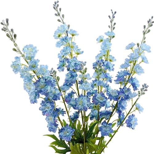 ZYTUYO 4PCS Light Blue Delphinium Artificial Flower 335 Long Larkspur Stem Plant Floral Silk Flowers Faux Bouquets for Tall Floor Vase Home Garden Outdoor Wedding Arrangement Decor H005FYC