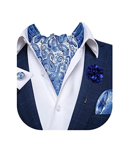 DiBanGu Mens Light Blue Ascot Tie Set Woven Paisley Cravat Handkerchief Cufflinks Floral Laple Pin Set Silk Suit Ascot Cravat