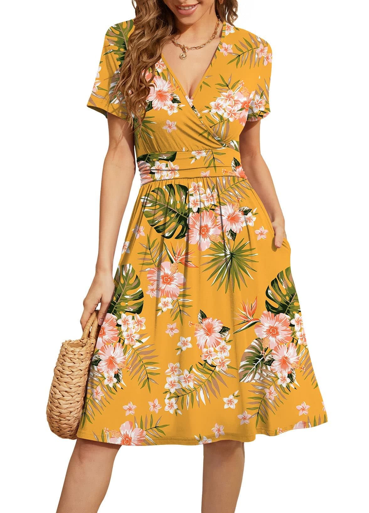WEACZZY Modest Dresses for Women Midi Summer Dress for Womens Short Sleeve Dresses 2025,Floral Green Leaf Yellow,XL