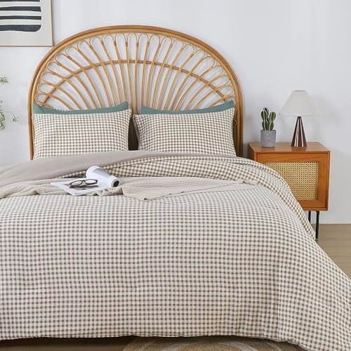 Oli Anderson Comforter Set, 3 PCS Bedding Comforter, Reversible Lightweight Fluffy Checkered Bedding Set with 2 Pillowcases for All Seasons (Tan Gingham, Queen)