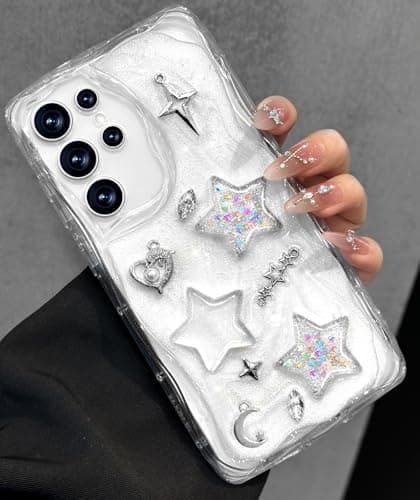 Toycamp for Samsung Galaxy S24 Ultra case Women - Cute Girly Girls Phone Cover for Samsung S24 Ultra Kawaii Aesthetic Pretty Unique Glitter Bling Sparkle Wave Design Funda para S24Ultra, Stars