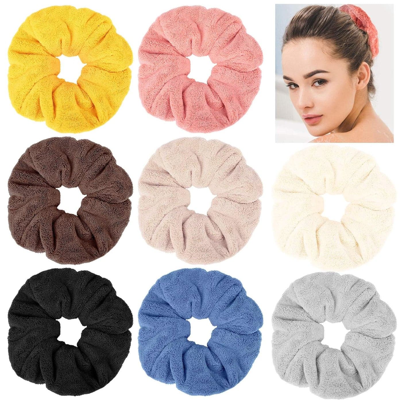 Chuangdi 8 Pieces Large Microfiber Hair Towel Scrunchies Soft Heatless Fuzzy Hair Drying Hair Ponytail Holder for Wet and Dry Hair 8 Colors Classic Colors White Gray Yellow Orange Blue