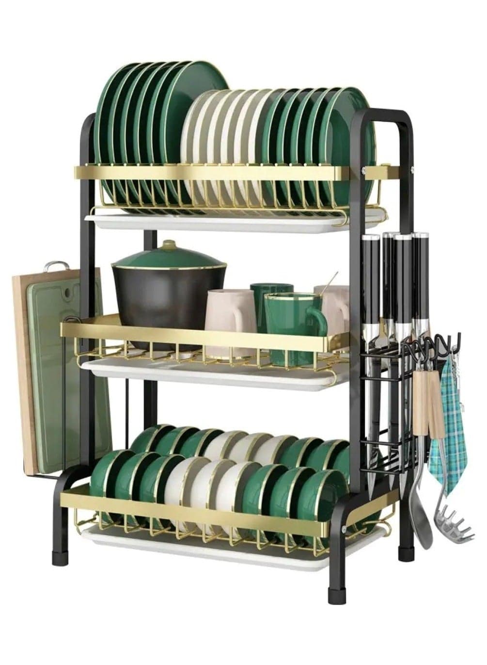 Kitchen Carbon Steel Drain Bowl and Dish Rack Storage Rack with Chopsticks and Chopping Board