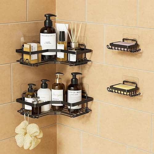 Boniry Wall-Mounted Bathroom Organizer 4 in 1 Set | Corner Shelf with Soap Holder | No-Drill Adhesive Bathroom Rack Set for Bathroom, Kitchen (Matte Black)