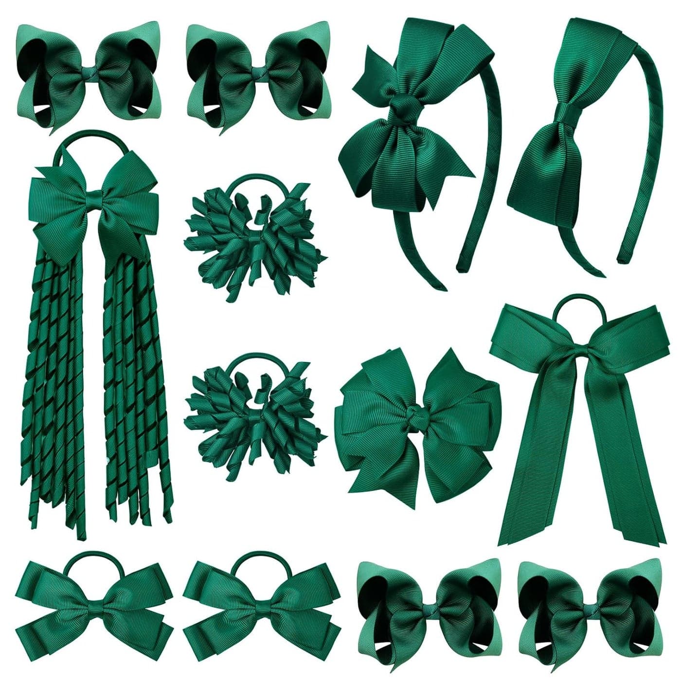 DEEKA Dark Green School Hair Accessories Set 13 Pcs Uniform Hair Bow Headband Clips Hair Ties Curly Korker Bows for Little Toddler School Girls Dark Green