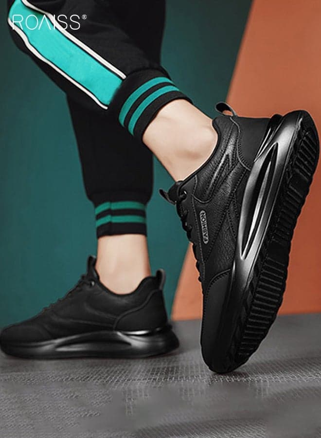 Men's Low-Top Athletic Shoes, Comfortable and Breathable Work Shoes Construction Site Work Shoes Non-slip Wear-Resistant Waterproof Leather Lace-Up Athletic Shoes Commuting, Casual, Trendy Shoes Black