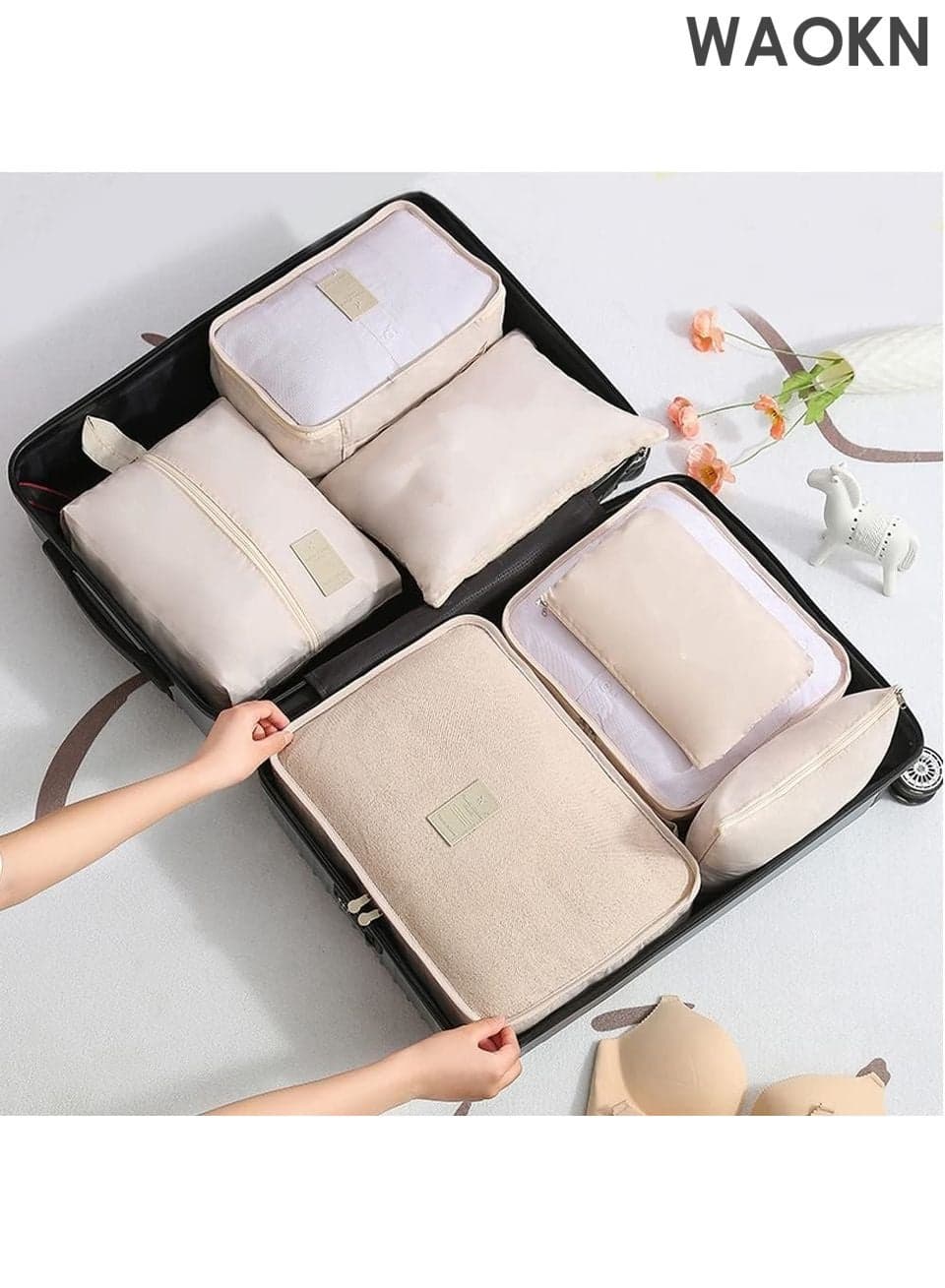 7-Piece Packing Cubes Set – Lightweight Travel Organizers for Luggage with Laundry Bag & Shoe Bag – Foldable Mesh Storage Bags for Suitcase, Carry-On – TSA-Approved, Wrinkle-Resistant (Beige) – Perfect for Vacation, Business Trips