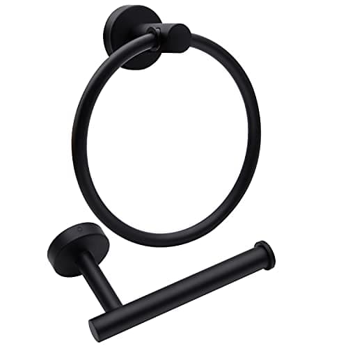 2pcs Matte Black Toilet Paper Holder and Towel Ring Set, Stainless Steel Hand Towel Holder and Towel Hanger with Hardware Pack