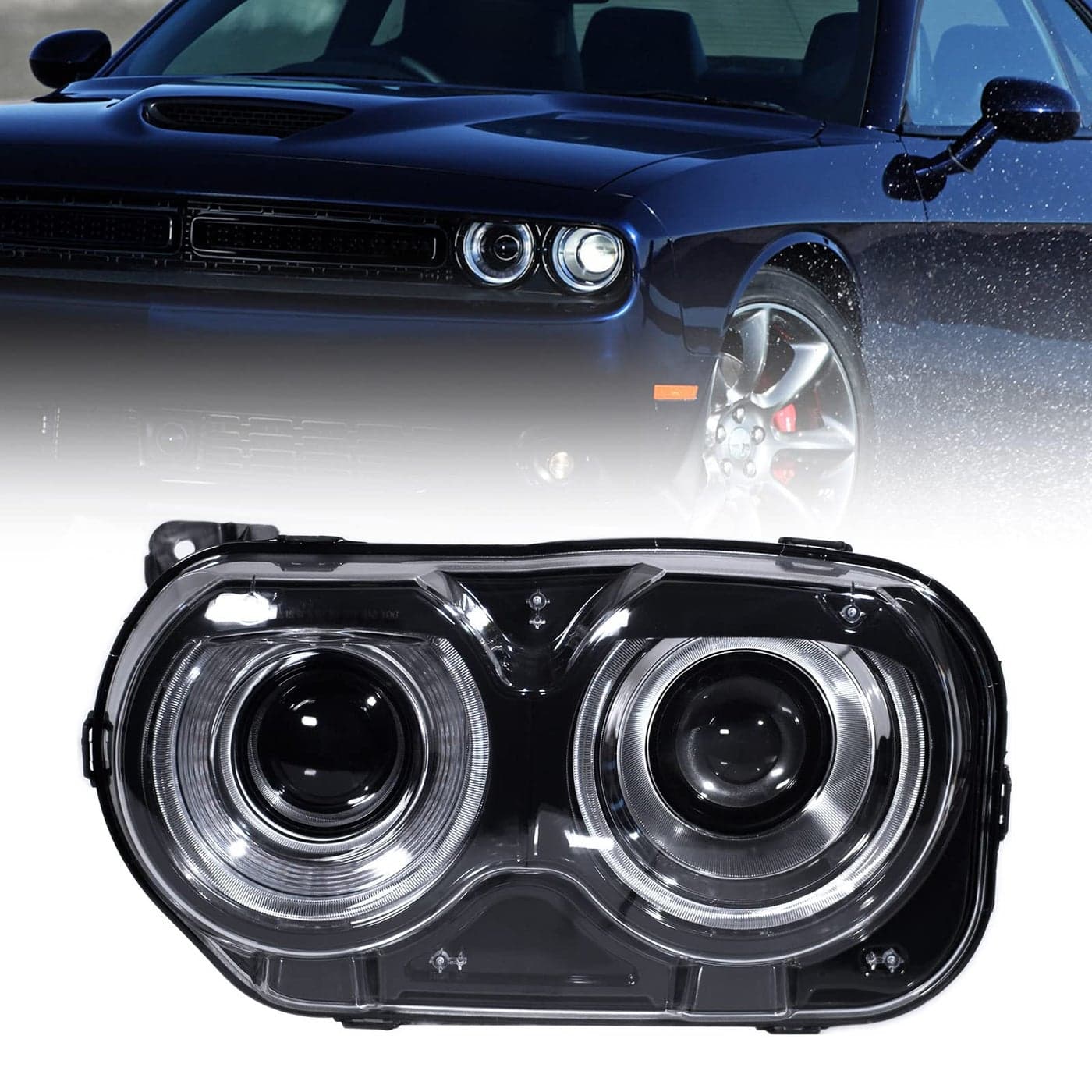 FIONE For Dodge Challenger Headlight Assembly 2015 2016 2017 2018 2019 2020 2021 Black Housing Halogen Headlamps Replaceable Left Driver LH Side Headlights 68174065AF CH2502267