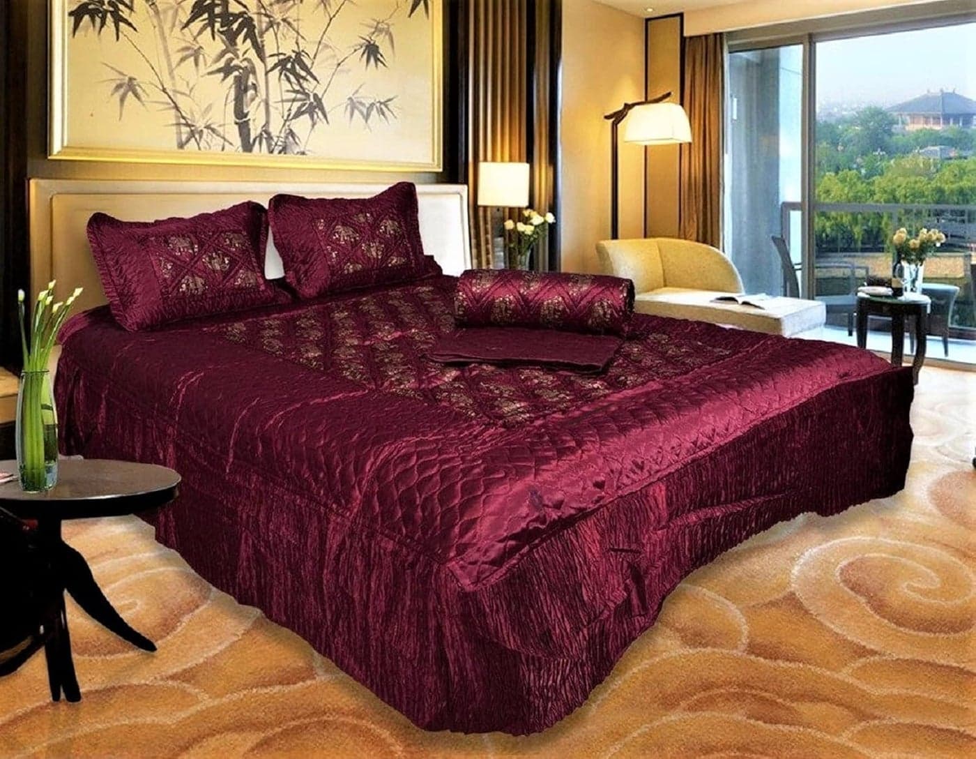 ManavRachit Satin Gold Printed 310 TC Wedding Bedding Set Bedsheet with 2 Pillow Covers for Home Living RoomSet of 3pc HathiElephant PrintMaroon